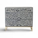 Drawlyn Handcrafted Bone Inlay Mango Wood Chest of drawer- Floral Design Sideboard with Gold Base- Wooden Slice - Image 2