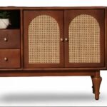 Modexa Mango Wood Rattan TV Unit - Arched Cane Media Console with Drawers- Wooden Slice - Image 2