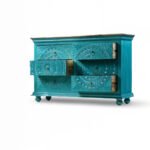 Drawzi Hand-Carved Blue Mango Wood Console Table - Bohemian Chest Of Drawer- Wooden Slice - Image 3