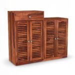 ShoeNest Handcrafted Sheesham Wood Shoe Rack Cabinet | Louvered Door Storage Unit – Wooden Slice - Image 2