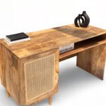 Woodwise Mango Wood Study Table with Rattan Cabinet - Modern Home Office Desk- Wooden Slice - Image 3