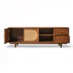 Luxora Mango Wood Rattan TV Unit - Mid-Century Modern Media Console with Storage- Wooden Slice - Image 4