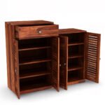 ShoeNest Handcrafted Sheesham Wood Shoe Rack Cabinet | Louvered Door Storage Unit – Wooden Slice - Image 3
