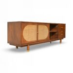 Luxora Mango Wood Rattan TV Unit - Mid-Century Modern Media Console with Storage- Wooden Slice - Image 3