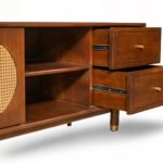 Luxora Mango Wood Rattan TV Unit - Mid-Century Modern Media Console with Storage- Wooden Slice - Image 5