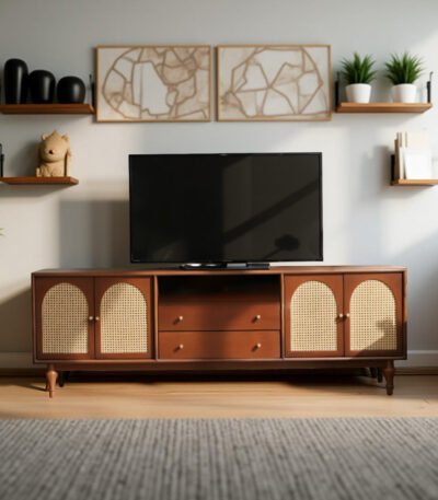 Modexa cane TV unit with arched rattan doors and mango wood finish
