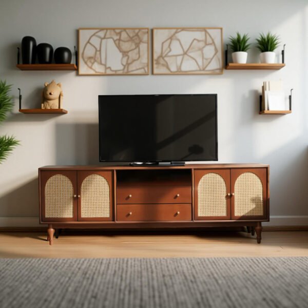 Modexa cane TV unit with arched rattan doors and mango wood finish