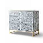 Elegant black Sheesham wood chest of drawers with intricate white bone inlay vine pattern and golden legs