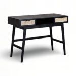 Braintree Mango Wood Study Table with Rattan Drawers | Writing Desk in Black Finish- Wooden Slice - Image 2