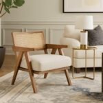 “Sitnest sheesham wood rattan armchair with natural cane back and cushioned seat – mid-century handcrafted design”