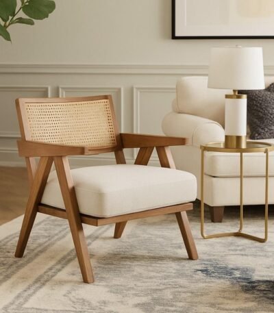 “Sitnest sheesham wood rattan armchair with natural cane back and cushioned seat – mid-century handcrafted design”