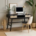 Braintree rattan cane study desk in black Mango wood with natural rattan drawers