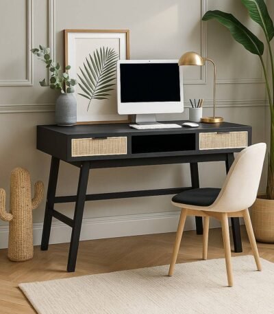 Braintree rattan cane study desk in black Mango wood with natural rattan drawers