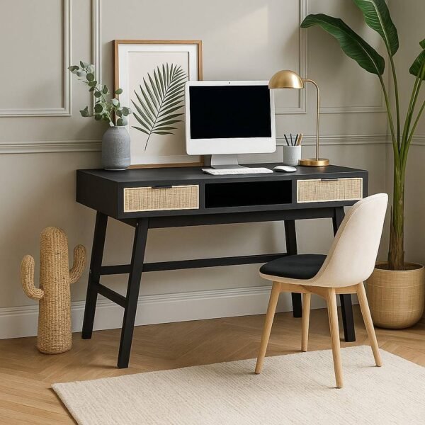Braintree rattan cane study desk in black Mango wood with natural rattan drawers