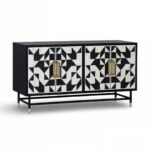 “Black and white bone inlay buffet storage cabinet with honeycomb pattern handcrafted in mango wood by The Wooden Slice”