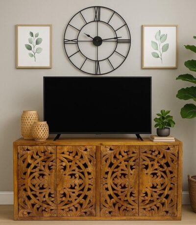 Handcrafted Mango Wood sideboard cabinet with carved floral doors by Wooden Slice