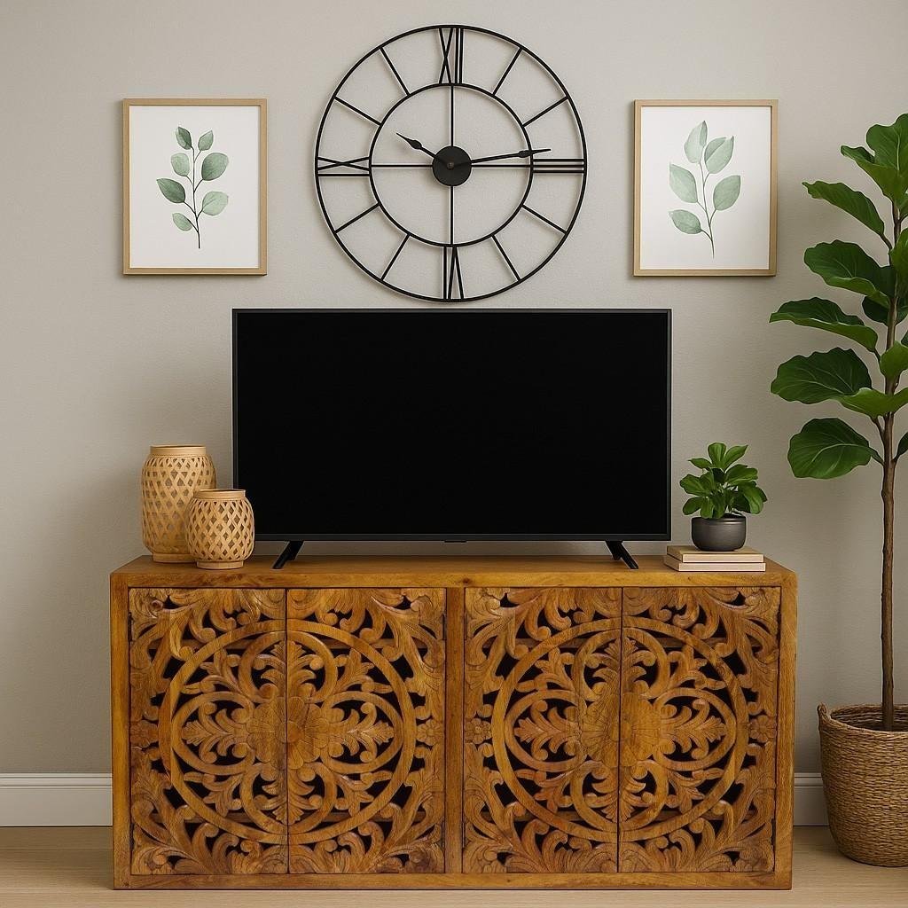 Handcrafted Mango Wood sideboard cabinet with carved floral doors by Wooden Slice