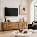 Stellon Mango Wood Cane TV Cabinet with Geometric Rattan Doors and Black Legs