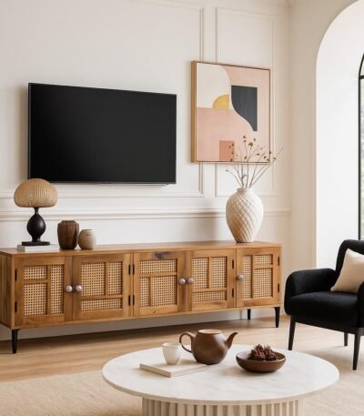 Stellon Mango Wood Cane TV Cabinet with Geometric Rattan Doors and Black Legs