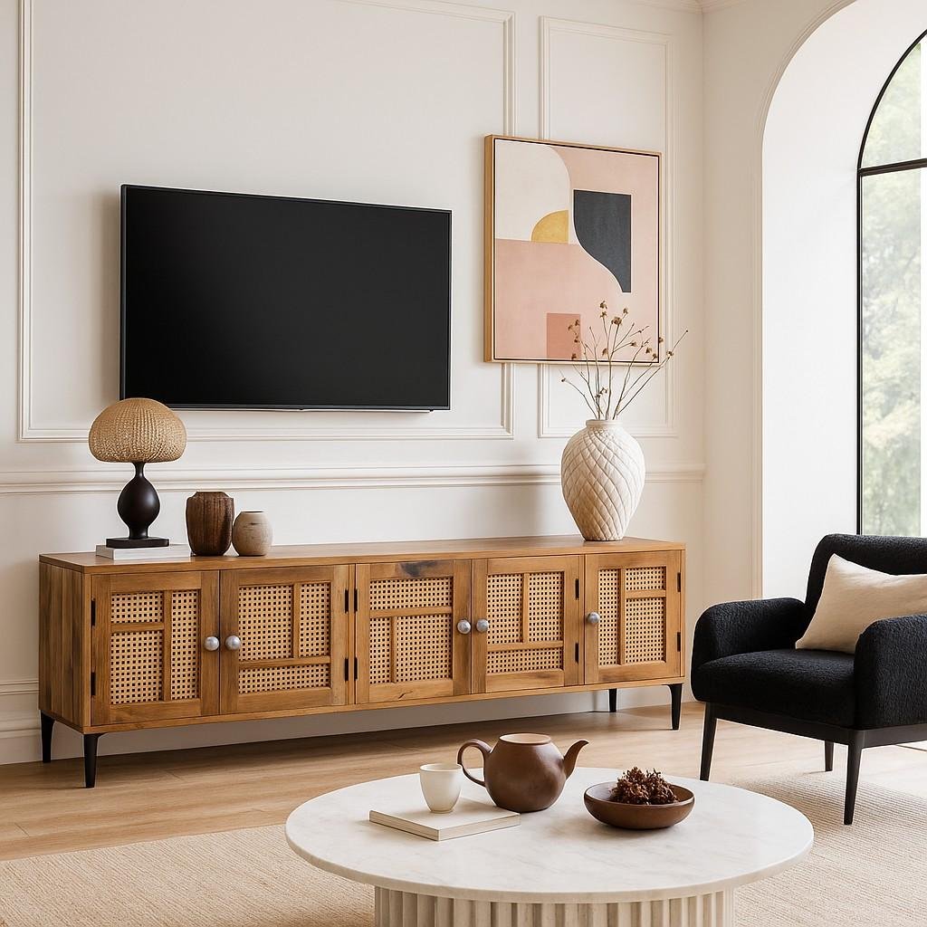 Stellon Mango Wood Cane TV Cabinet with Geometric Rattan Doors and Black Legs