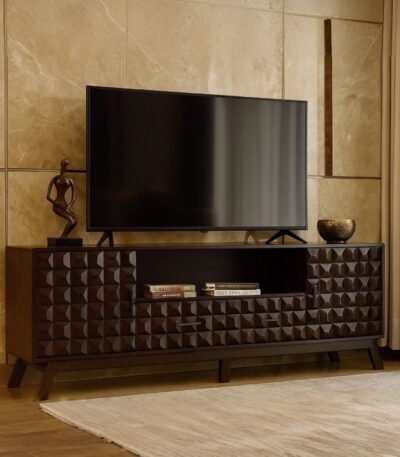 Brunetti solid wood TV unit crafted from Sheesham wood with geometric design