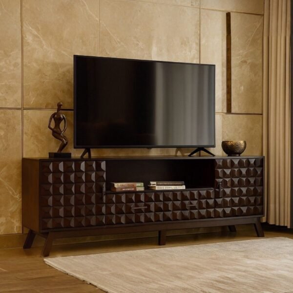 Brunetti solid wood TV unit crafted from Sheesham wood with geometric design
