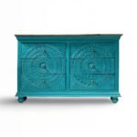 Handcrafted Bohemian chest of drawers in distressed blue mango wood with six drawers and intricate carvings – Wooden Slice