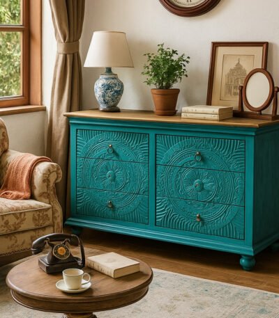 Handcrafted Bohemian chest of drawers in distressed blue mango wood with six drawers and intricate carvings – Wooden Slice