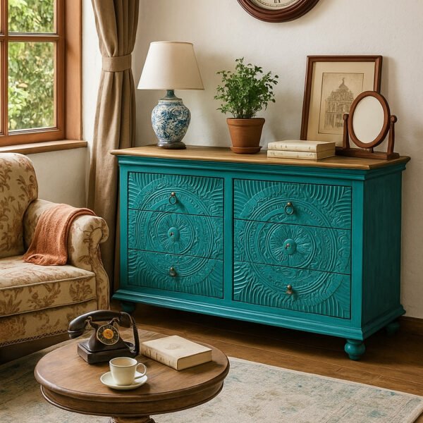 Handcrafted Bohemian chest of drawers in distressed blue mango wood with six drawers and intricate carvings – Wooden Slice