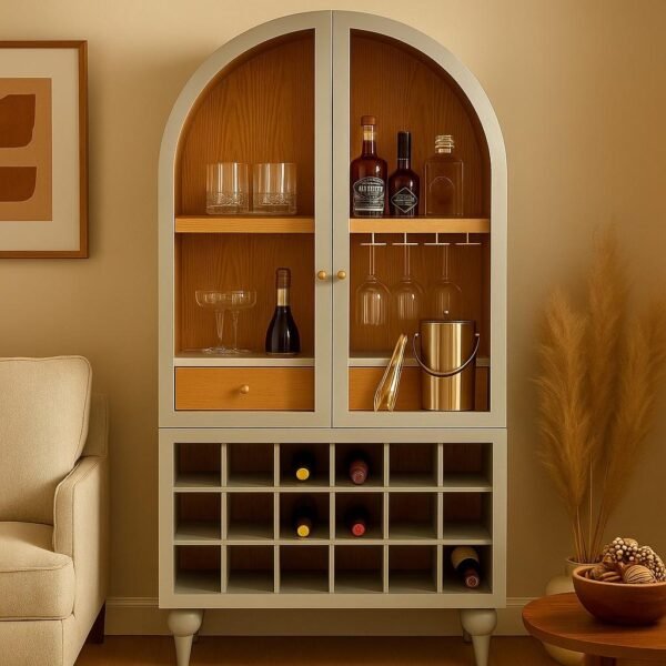 "Elegant arched bar cabinet made of sheesham wood, includes a bottle rack, glass holders, and ample storage space