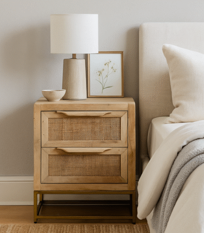 Solid wood rattan nightstand handcrafted from sheesham wood with cane drawer fronts