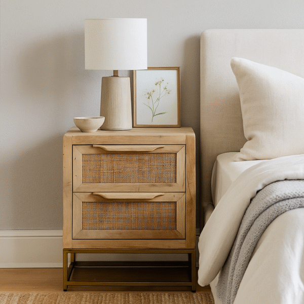 Solid wood rattan nightstand handcrafted from sheesham wood with cane drawer fronts