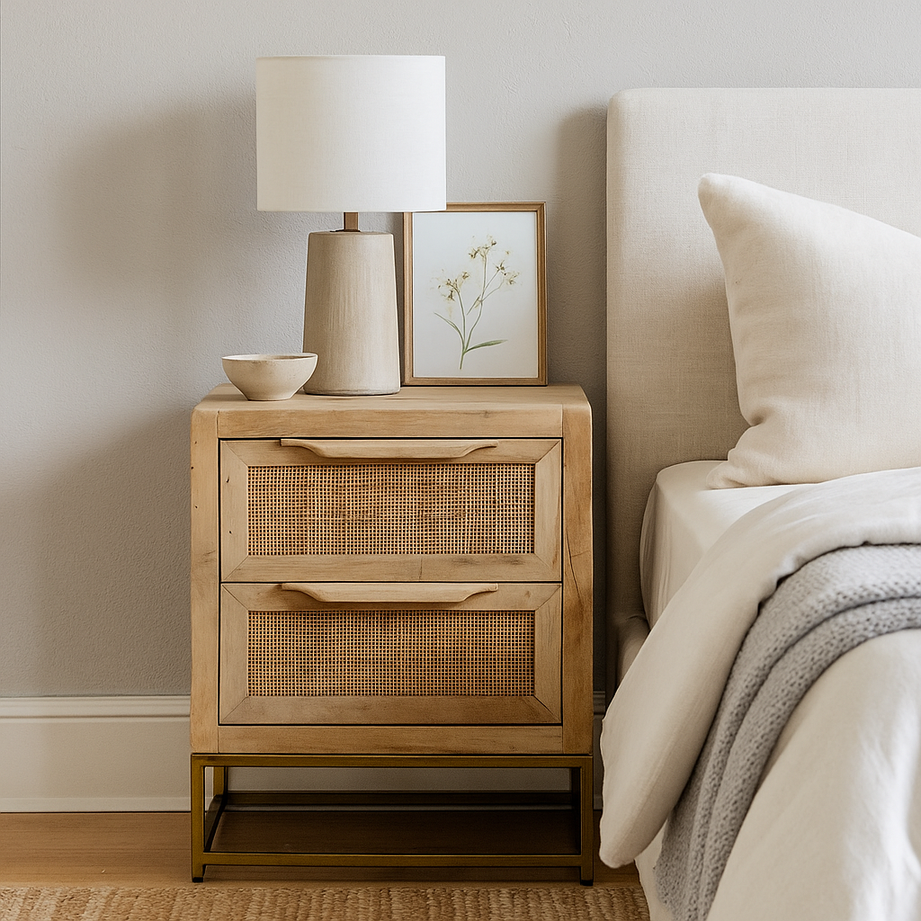 Solid wood rattan nightstand handcrafted from sheesham wood with cane drawer fronts