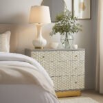 Grey and white bone inlay chest of drawers with geometric pattern handcrafted from mango wood by Wooden Slice