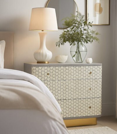 Grey and white bone inlay chest of drawers with geometric pattern handcrafted from mango wood by Wooden Slice