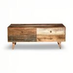 Nestova Handcrafted Sheesham Wooden TV Unit with Hand-Painted Tribal Pattern Drawers – Solid Wood TV Stand