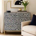“Blue Bone Inlay Chest of Drawers with white floral vine design and gold base handcrafted from mango wood”