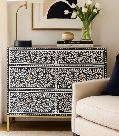 “Blue Bone Inlay Chest of Drawers with white floral vine design and gold base handcrafted from mango wood”