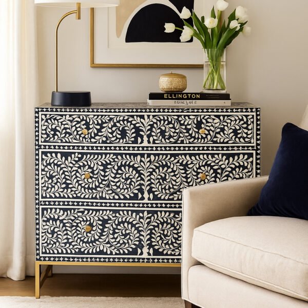 “Blue Bone Inlay Chest of Drawers with white floral vine design and gold base handcrafted from mango wood”