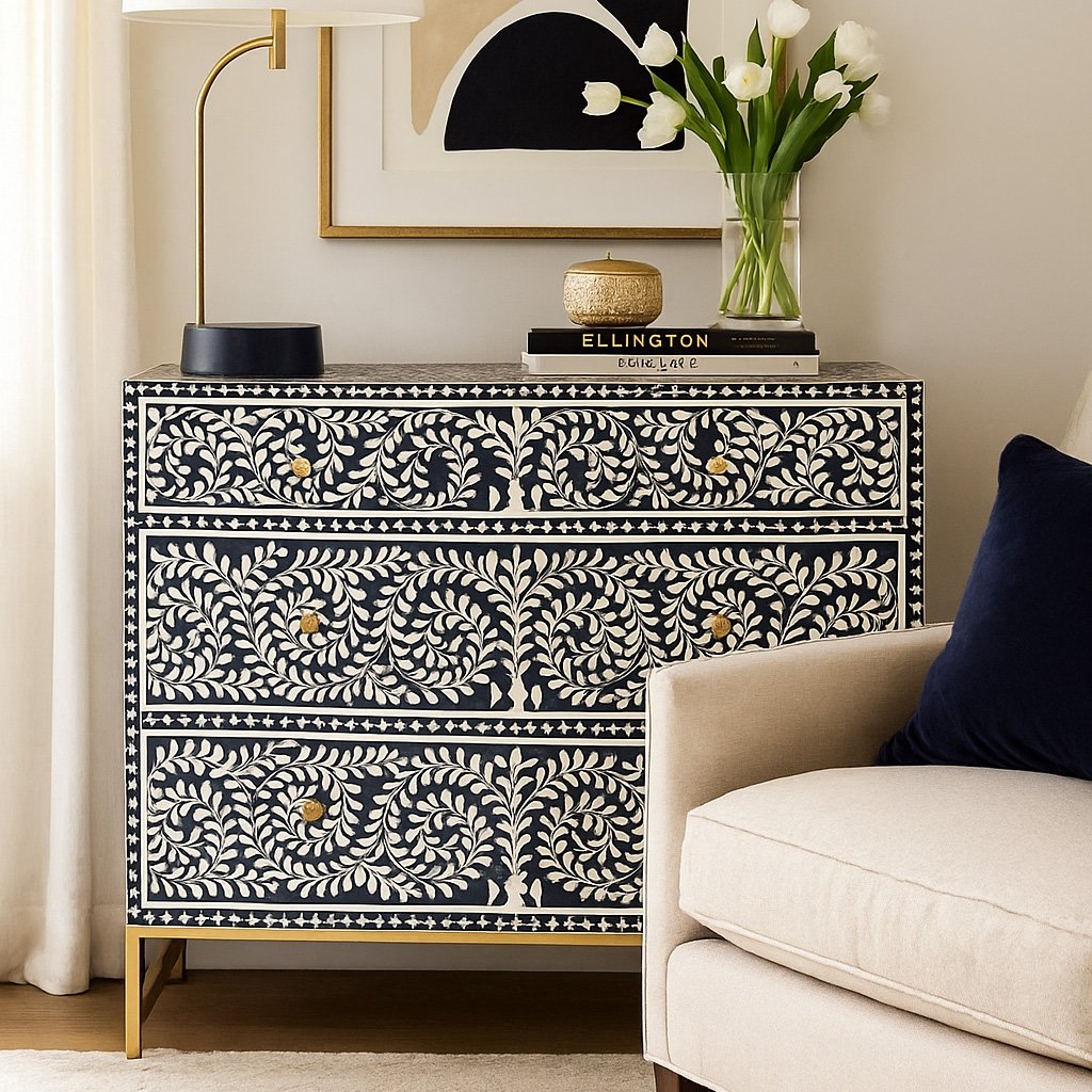 “Blue Bone Inlay Chest of Drawers with white floral vine design and gold base handcrafted from mango wood”