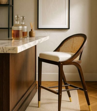 wooden cane bar chair with sheesham wood frame and cane backrest – Sitro bar stool by Wooden Slice