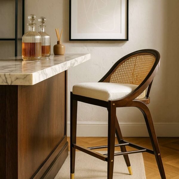 wooden cane bar chair with sheesham wood frame and cane backrest – Sitro bar stool by Wooden Slice