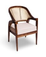 wooden cane armchair with natural rattan back and cushioned beige seat