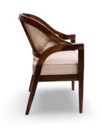 wooden cane armchair with natural rattan back and cushioned beige seat