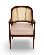wooden cane armchair with natural rattan back and cushioned beige seat