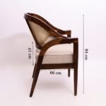 wooden cane armchair with natural rattan back and cushioned beige seat