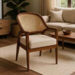 wooden cane armchair with natural rattan back and cushioned beige seat