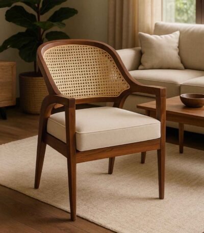 wooden cane armchair with natural rattan back and cushioned beige seat
