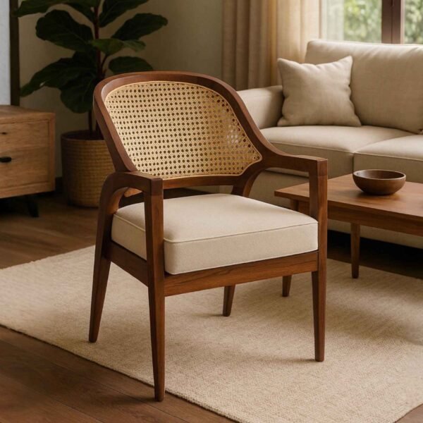 wooden cane armchair with natural rattan back and cushioned beige seat