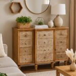 Carved Sheesham wood chest of drawers with 12 intricate hand-carved drawers and a natural distressed finish